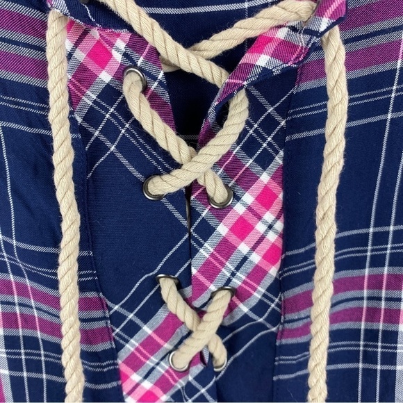 G.H. Bass Coastal Nautical Plaid Long Sleeve Lace Up Neck Blouse Large Blue Pink - Picture 4 of 9